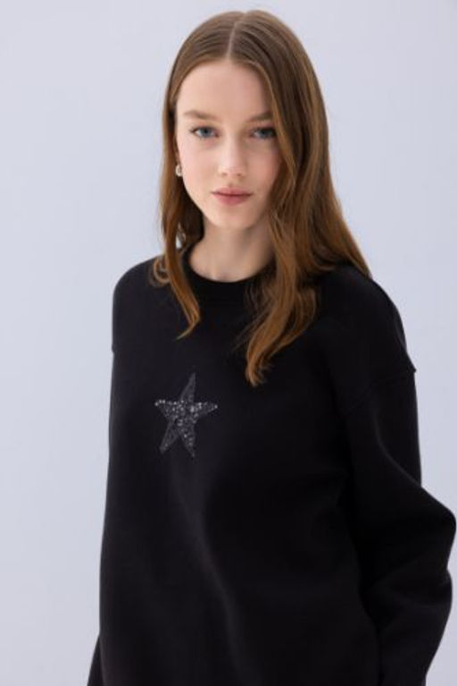 Relax Fit Bisiklet Yaka Bask?l? Ici Yumusak Tuylu Sweatshirt Tunik