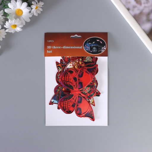 Наклейка бумага, пластик Бабочки на Хэллоуин, красные, набор 12 шт.