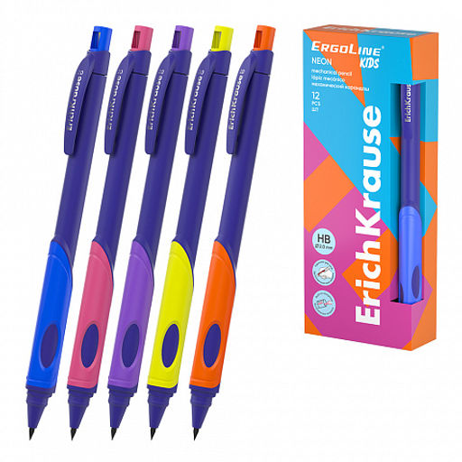 Цена за 12 шт. Карандаш механический ErichKrause ErgoLine® Kids Neon 2.0 мм, с точилкой, НВ (в коробке по 12 шт.)