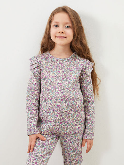 Bisiklet Yaka ?i?ekli K?z ?ocuk Bluz ve Tayt 2li