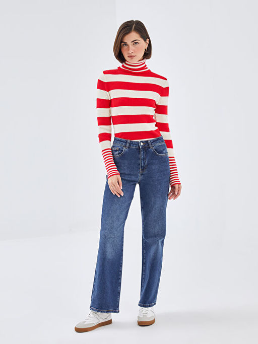 Bal?k?? Yaka Renk Bloklu Kad?n Triko Kazak