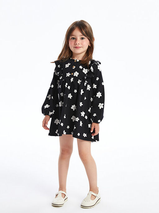 Bisiklet Yaka Uzun Kollu Desenli K?z Bebek Elbise