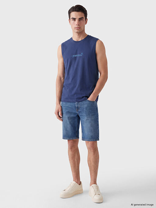 Standart Fit Bisiklet Yaka Bask?l? Erkek Kolsuz Ti??rt - Waikiki фото 2