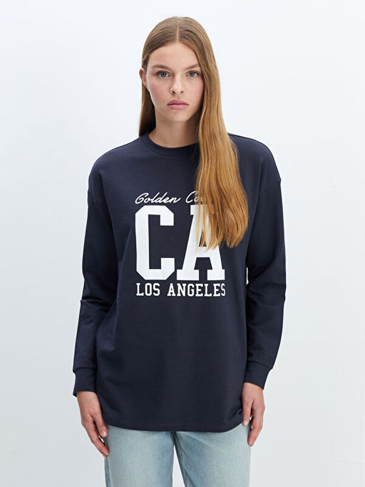 Bisiklet Yaka Bask?l? Oversize Kad?n Sweatshirt Tunik