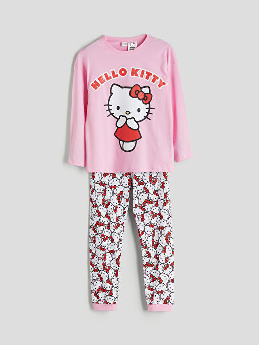 Bisiklet Yaka Hello Kitty Bask?l? K?z ?ocuk Pijama Tak?m?