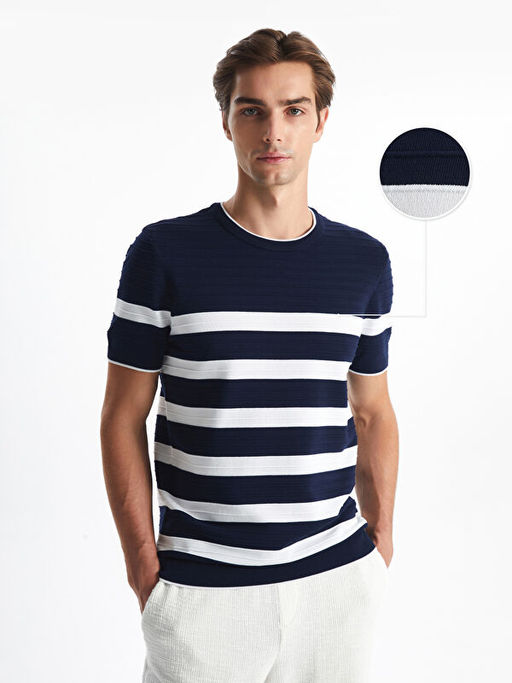 Bisiklet Yaka K?sa Kollu ?izgili Erkek Triko Kazak