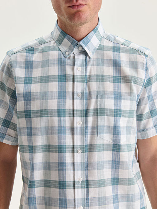 Regular Fit K?sa Kollu Ekose Poplin Erkek G?mlek