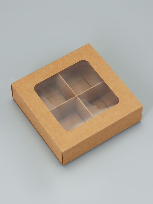 Коробка складная под 4 конфеты с окном, крафт, 12.6 х 12.6 х 3.5 см - UPAK LAND фото 2