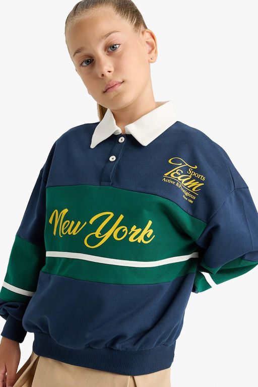 %100 Pamuk Relax Fit Polo Yaka Bask_l_ Okul Sweatshirt K_z _ocuk - Defacto фото 3