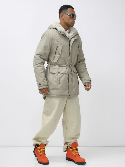 Парка мужская зимняя удлиненная с мехом бежевого цвета 2606B - Mtforce фото 4