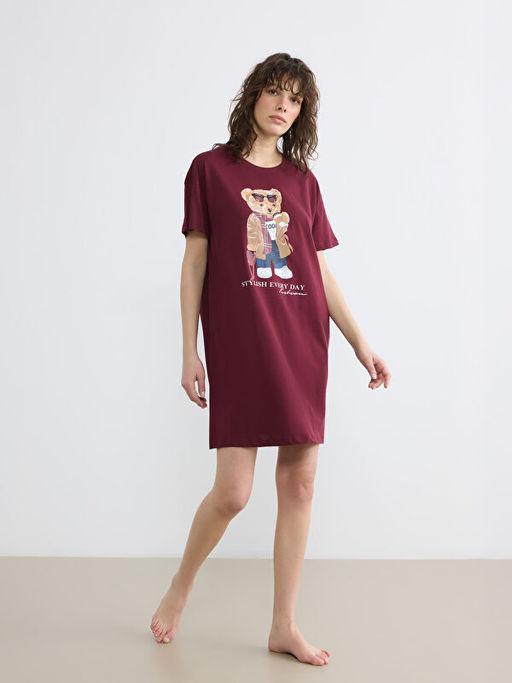 Bisiklet Yaka Ay? Teddy Bask?l? Kad?n Gecelik