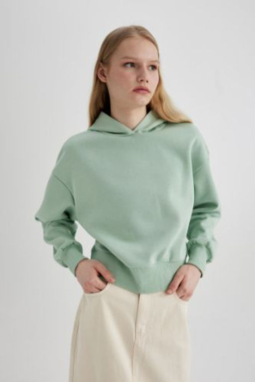 Boxy Fit Kapusonlu Kal?n Basic Duz Sweatshirt