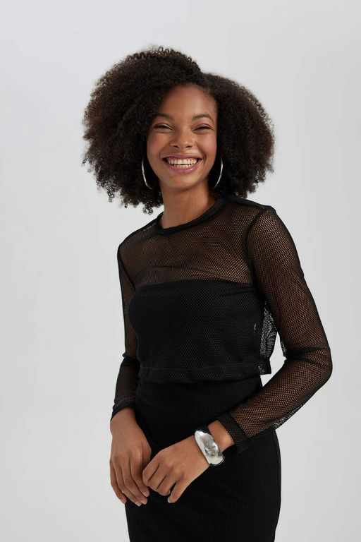 Укороченная сетчатая футболка с длинными рукавами - Defacto фото 3