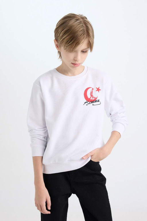 Белый свитшот с круглым вырезом стандартного кроя для мальчиков с принтом Ататюрка и вышивкой - Defacto фото 4