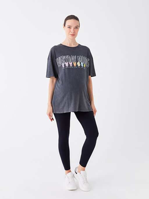 Bisiklet Yaka Daisy Duck Bask?l? K?sa Kollu Oversize Hamile Ti??rt