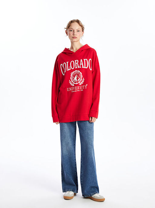 Kap??onlu Bask?l? Oversize Kad?n Kal?n Sweatshirt Tunik