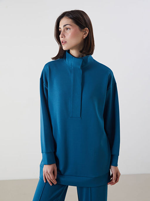 Dik Yaka D?z Oversize Kad?n Sweatshirt Tunik