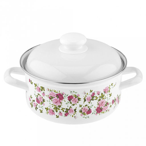 "Китайская роза" Набор эмалированных кастрюль 2 предмета: 2л, 3л, s0,8мм, форма цилиндрическая, двойной слой эмалевого покрытия, металлическая крышка с пластмассовой ручкой-кнопкой, металлические ручки, нержавеющий ободок (Россия)