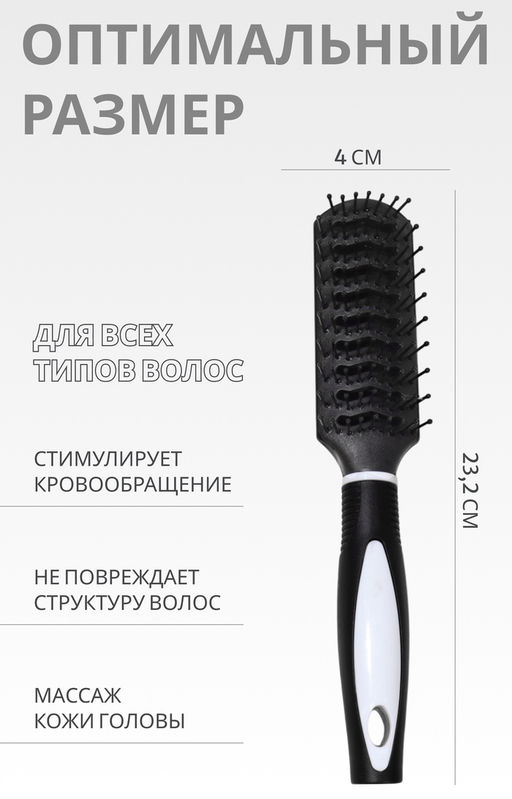 Расчёска массажная, 4×23.2(±1) см, чёрная, белая