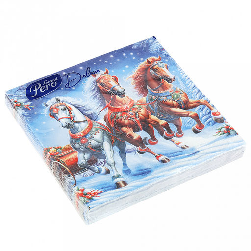 Салфетки бумажные 33х33см "GrandPero Deluxe", 3-х слойные, 20 штук в упаковке, "Зимняя тройка", "Символ 2026 года" (Россия)