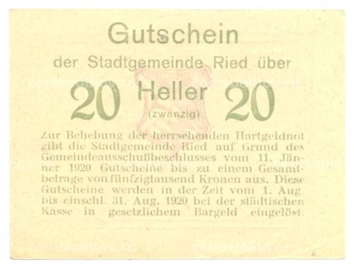 20 геллеров 1920 года Австрия  Нотгельд
