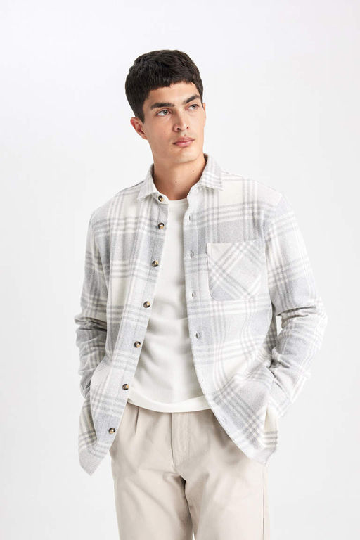 Хлопковая рубашка в клетку с длинными рукавами и воротником-поло обычного кроя - Defacto фото 4