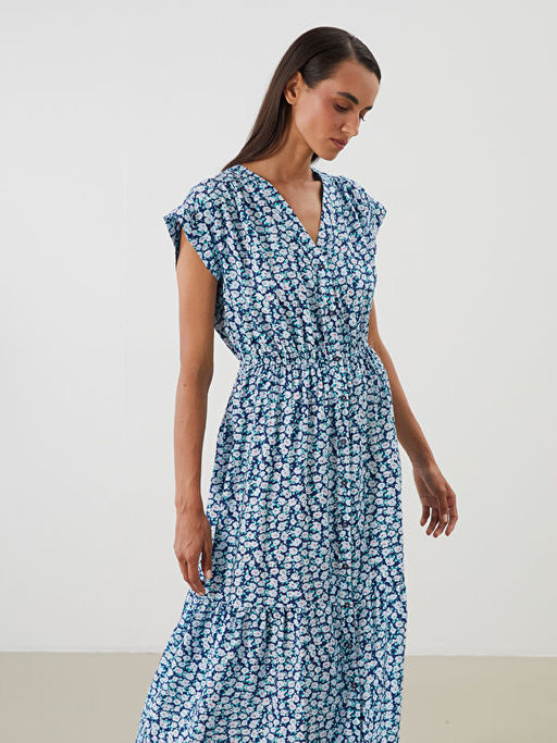 V Yaka ?i?ekli Belden Oturtmal? Elbise