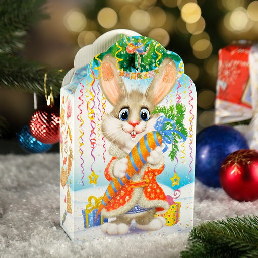 Цена за 5 шт. Подарочная новогодняя коробка "Заяц - Кот" белый, 16.8×7×25 см
