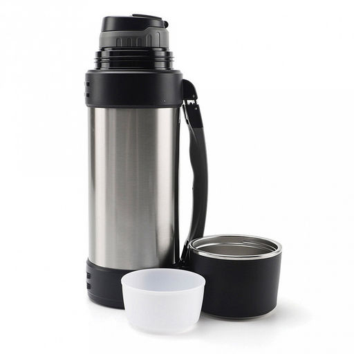 Термос из нержавеющей стали с узкой горловиной 1,8л "Колинз" д11см, h36,8см, горло д6см, полировка матовая, откидной кнопка-клапан для налива, крышка-стаканчик, дополнительная чашка, ручка, ремень, "TalleR" (Китай)