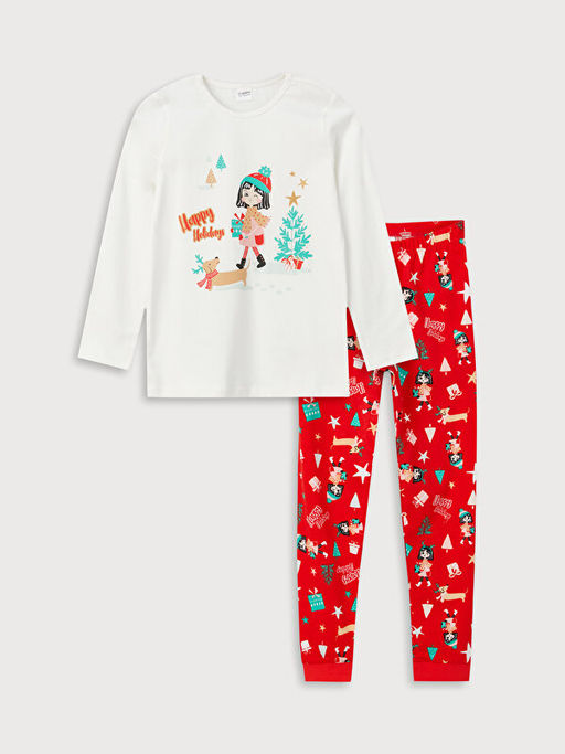 Bisiklet Yaka Y?lba?? Temal? Uzun Kollu K?z ?ocuk Pijama Tak?m?