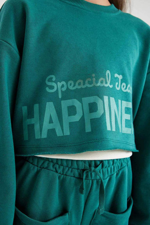 Укороченный свитшот с принтом для девочек с круглым вырезом - Defacto фото 9