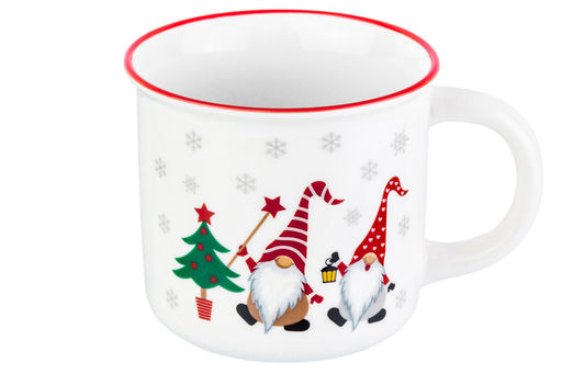 Кружка 400 мл 13*9,5*8,8 см "Гномики с елкой" с красной каймой NEW BONE CHINA