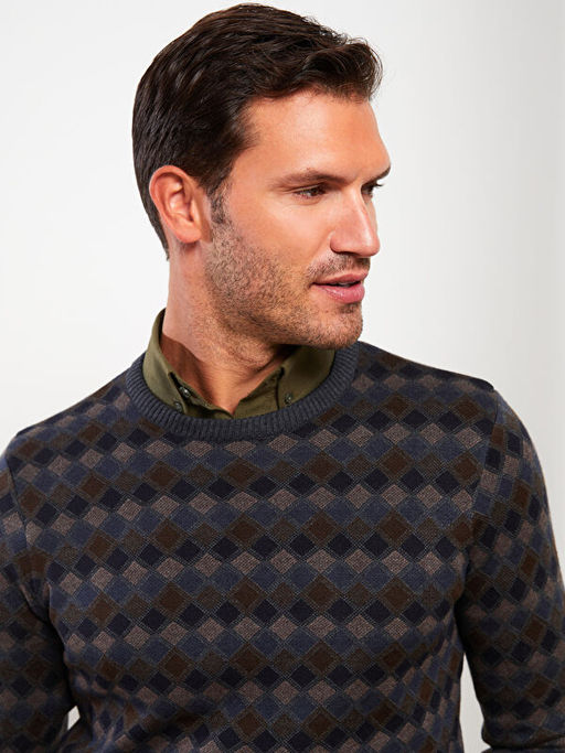 Bisiklet Yaka Uzun Kollu Ekose Erkek Triko Kazak