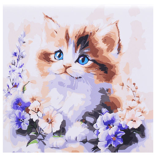 Холст с красками 20х20 по номерам "Котёнок в цветах в коробке" (16цв.)