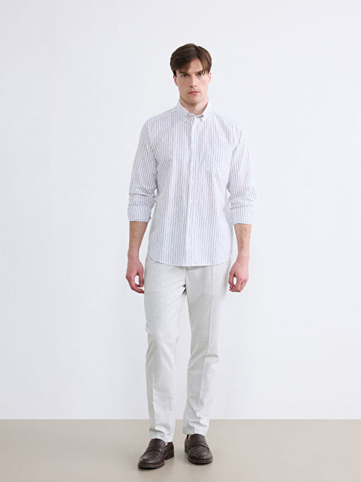 Regular Fit ?izgili Erkek Keten Kar???ml? G?mlek