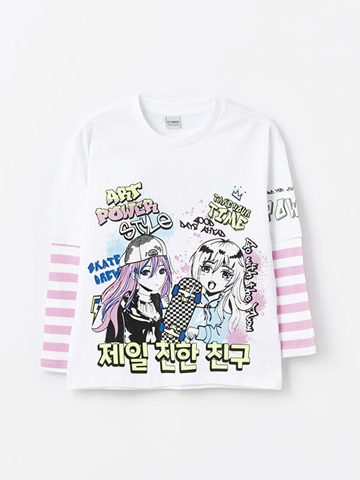 Bisiklet Yaka K-Pop Bask?l? Uzun Kollu K?z ?ocuk Ti??rt