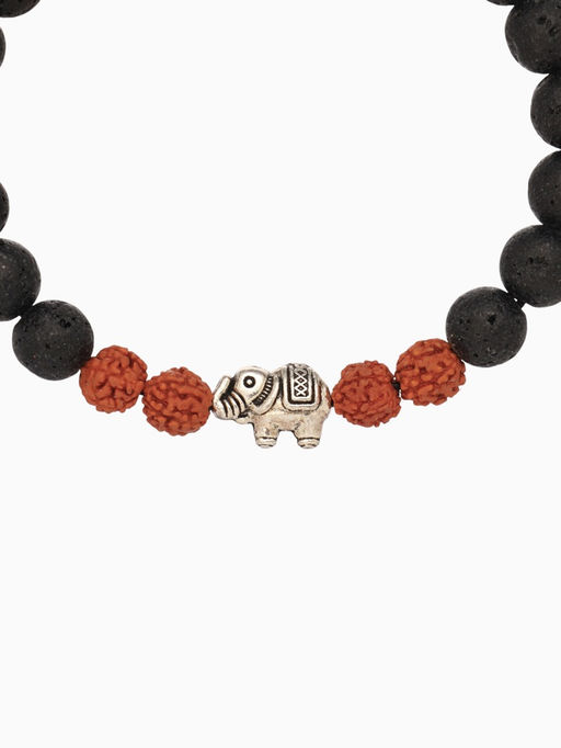 Браслет «Слоник», длина 18 см, лава, рудракша, чёрный, коричневый