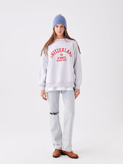 Bisiklet Yaka Bask?l? Uzun Kollu Oversize Kad?n Sweatshirt - Waikiki фото 3