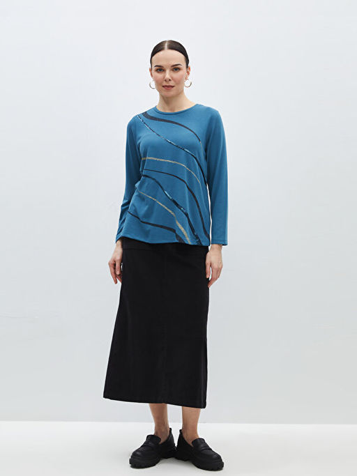 Bisiklet Yaka Desenli Uzun Kollu Kad?n Bluz