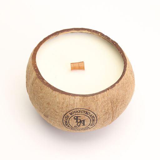 Ароматическая свеча в подсвечнике из кокоса, сладкий апельсин и лайм, соевый воск, 8×10 см, в коробке