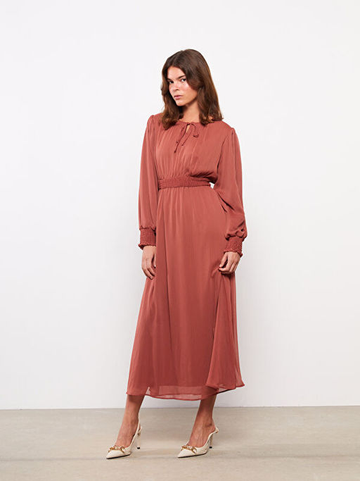 Ba?lamal? Yaka D?z Uzun Kollu ?ifon Kad?n Elbise