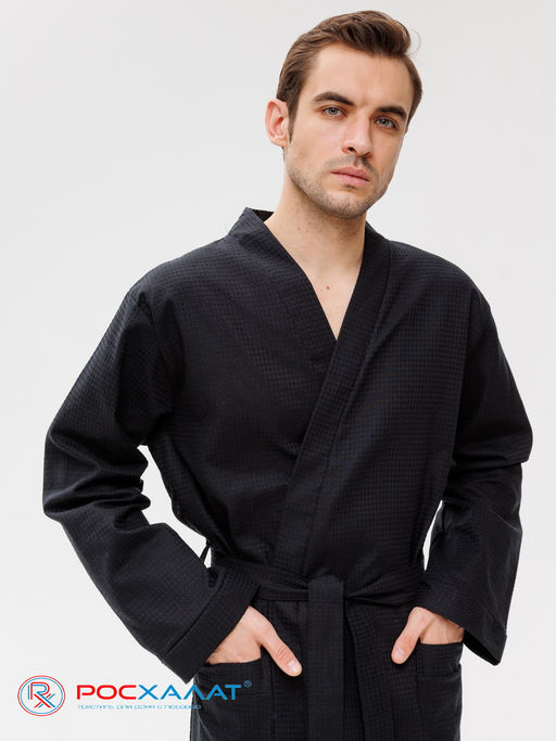 Мужской вафельный халат с планкой черный В-03 (27)