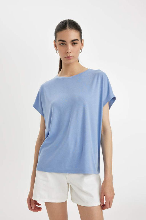Базовая футболка с коротким рукавом из модала с круглым вырезом - Defacto фото 3