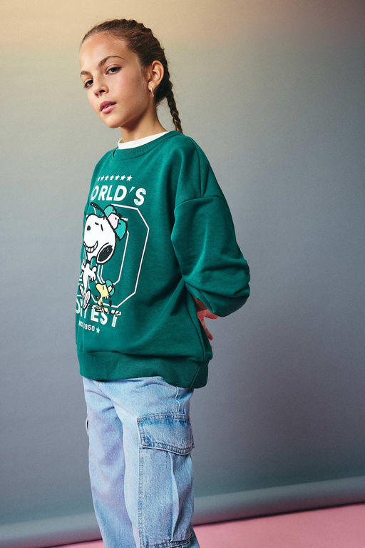 Snoopy Oversize Geni_ Kal_p Bisiklet Yaka Sweatshirt K_z _ocuk - Defacto фото 3