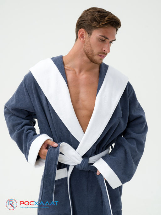 Мужской махровый халат с капюшоном с белой отделкой серый+белый МЗ-05-1 (84) - Росхалат фото 7