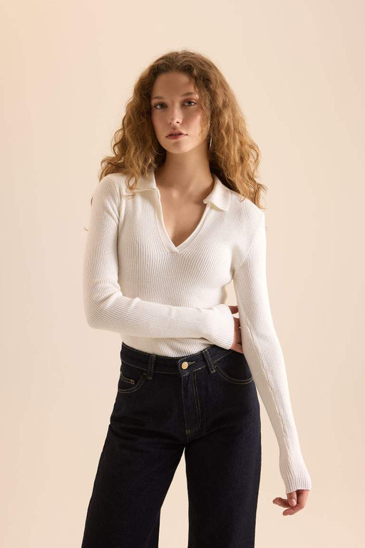 Приталенный свитер в рубчик с воротником-поло - Defacto фото 4