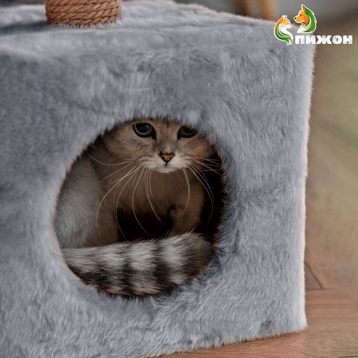 Домик для животных, с когтеточкой и полкой, джут, 32×32×64 см, серый