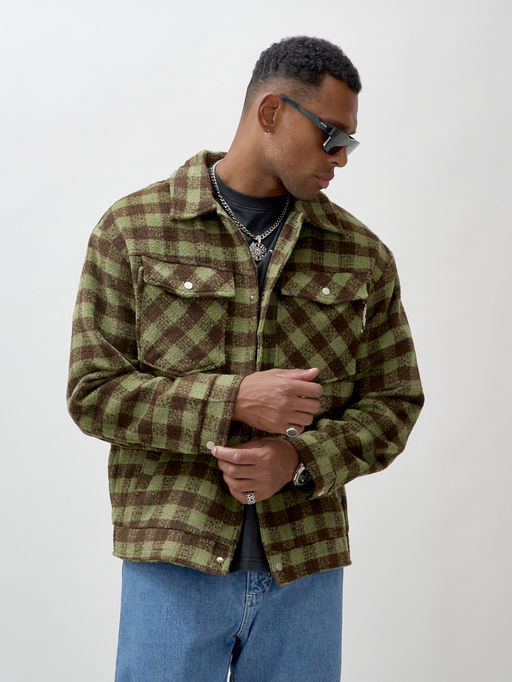 Куртка рубашка шерстяная в клетку мужская демисезонная зеленого цвета 58566Z