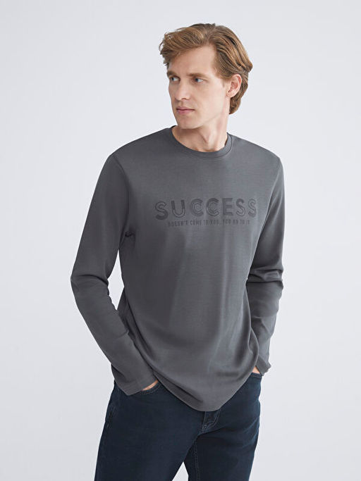 Bisiklet Yaka Bask?l? Erkek Sweatshirt