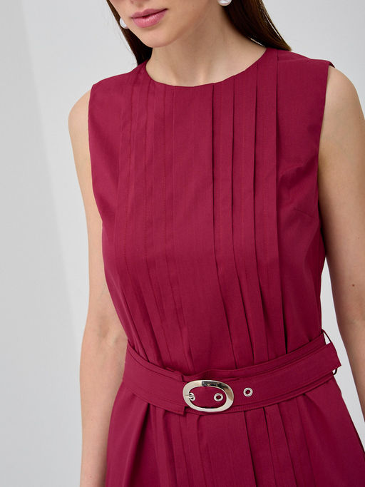 Платье хлопок с поясом бордовое